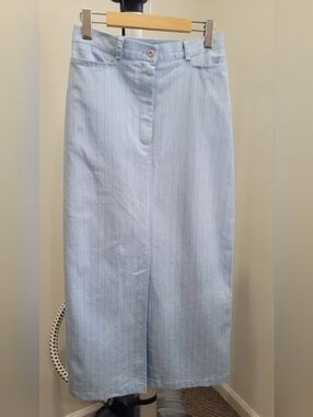 Vintage Light Blue Pinstripe Straight Midi Skirt